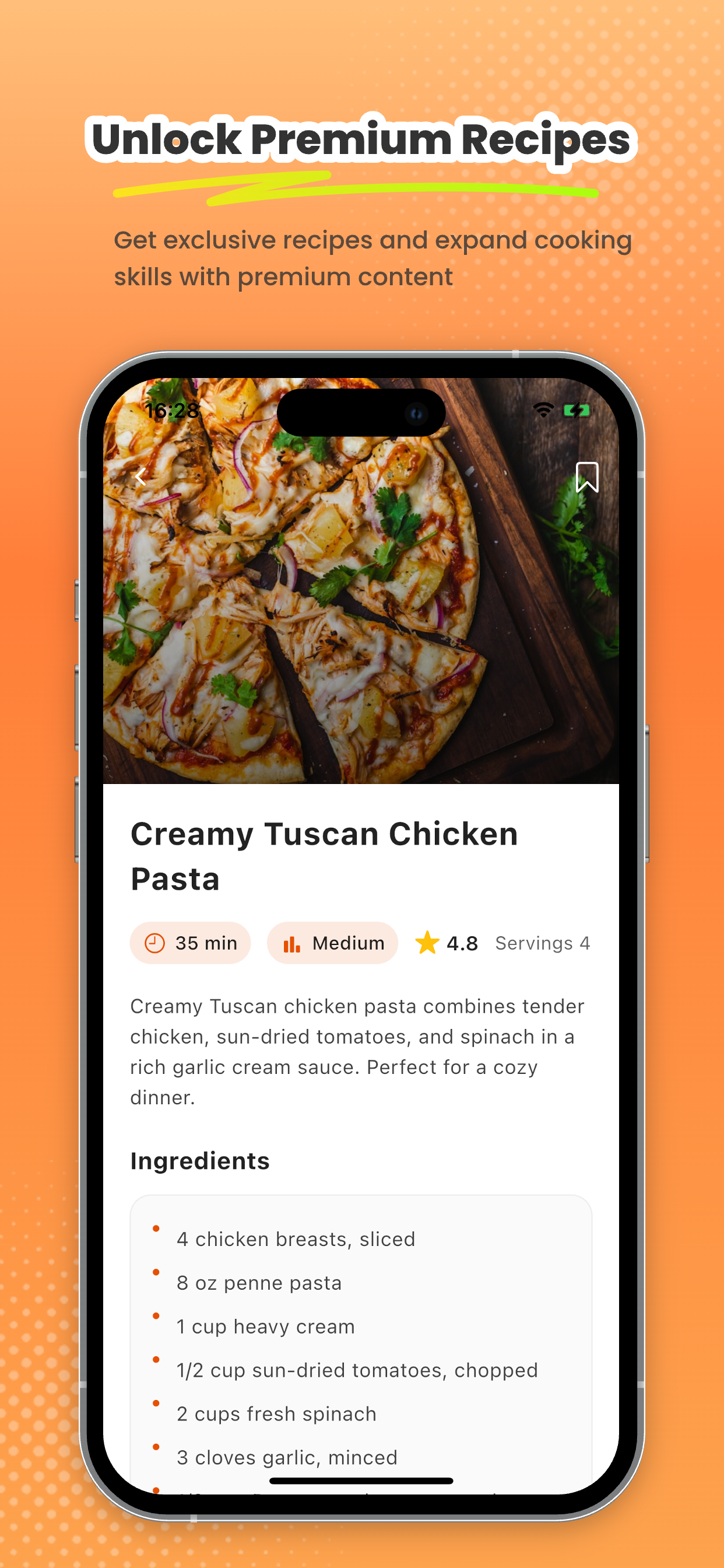 Premium recipe detail for Creamy Tuscan Chicken Pasta with ingredients list