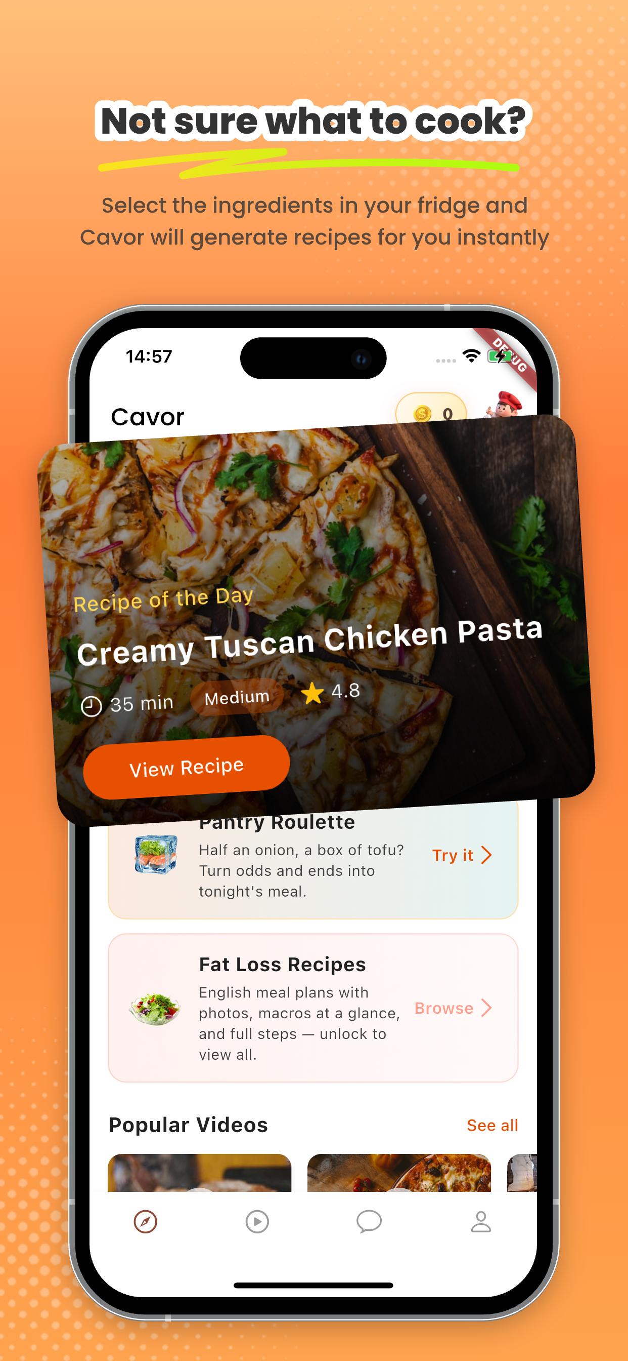Cavor app home screen with Recipe of the Day and feature cards