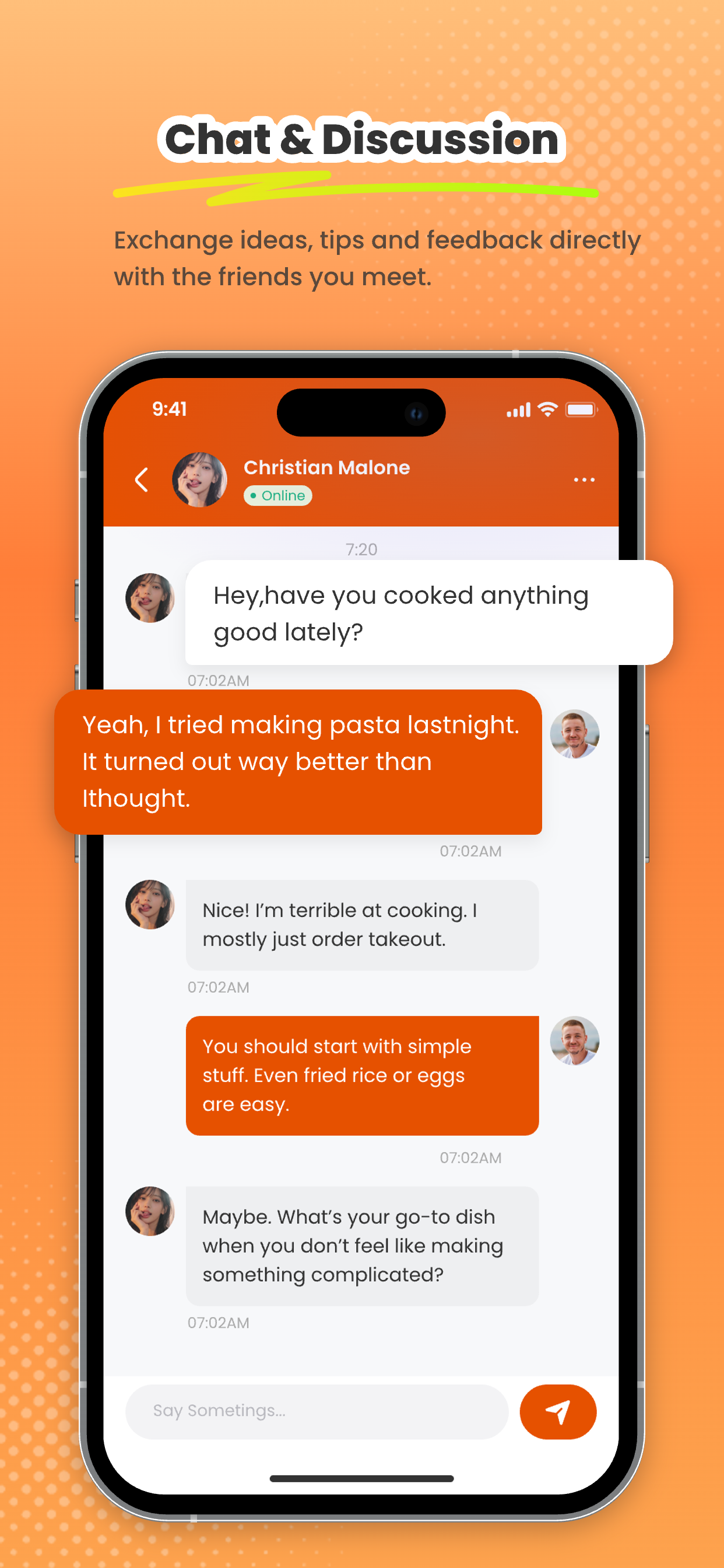 In-app chat with message bubbles and send field